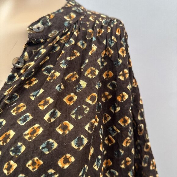 Anthropologie Boho Flowy Button-Down Tunic Blouse Cotton Brown Yellow Pattern S - Picture 5 of 11